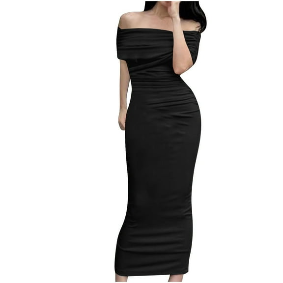 Kilaqueen Off The Shoulder Dress for Women Corset Ruched Bodycon Solid Color Dress for Formal Elegant Cocktail Party Wedding Guest