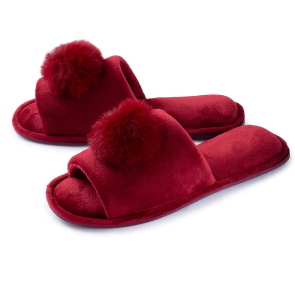Joan Vass Women Velvet Open Toe Faux Fur Pom-Pom Slipper
