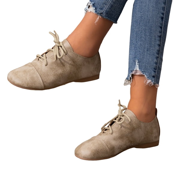 Women Flat Walking Shoes Casual Round Toe Non Slip Lace up Dressy Oxfords Comfortable Business Work Retro Lightweight Leather Sneakers Khaki Size 11