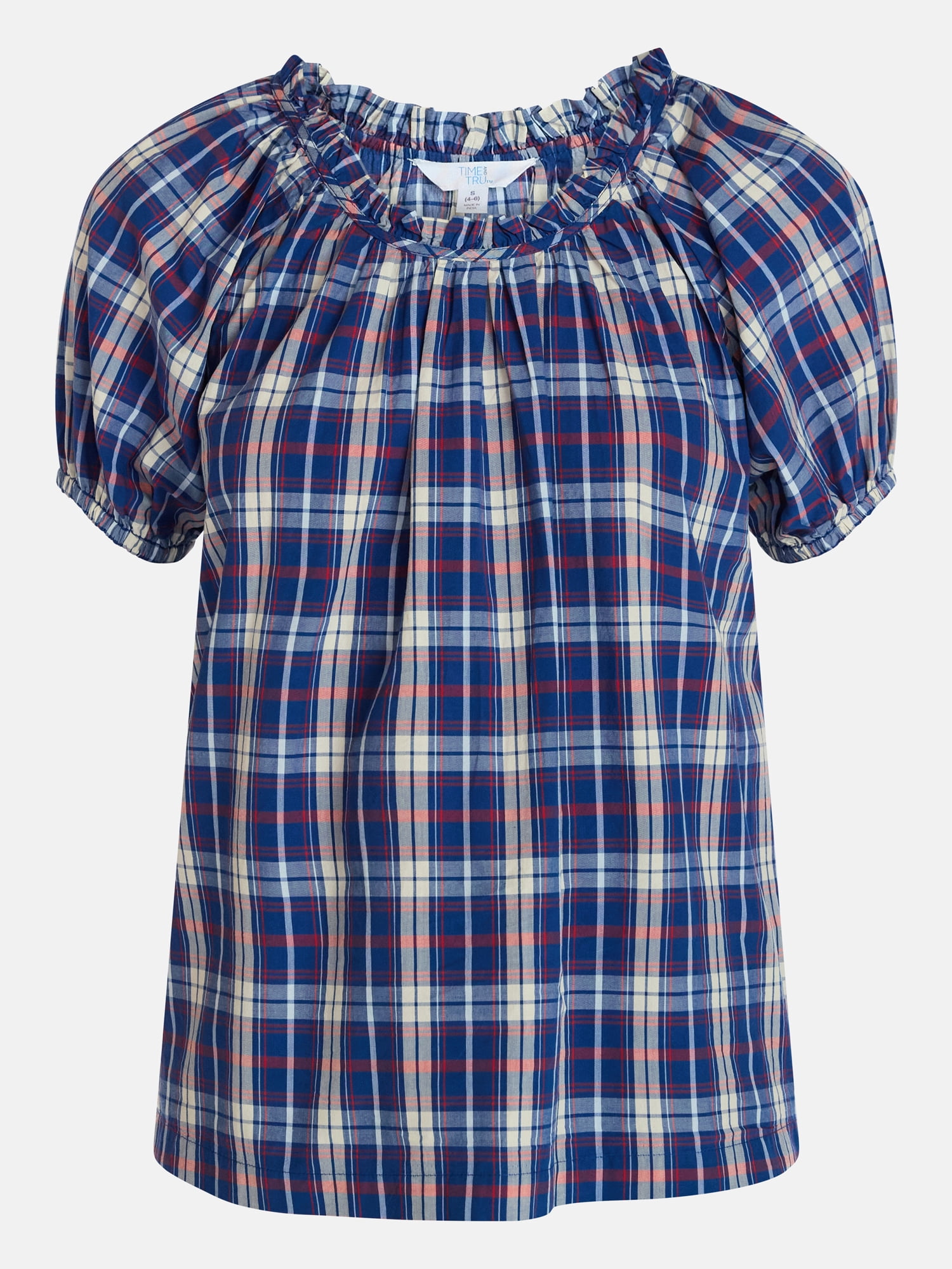 Time and Tru Women's Ruffle Neck Cotton Top with Short Puff Sleeves, Sizes XS-XXXL