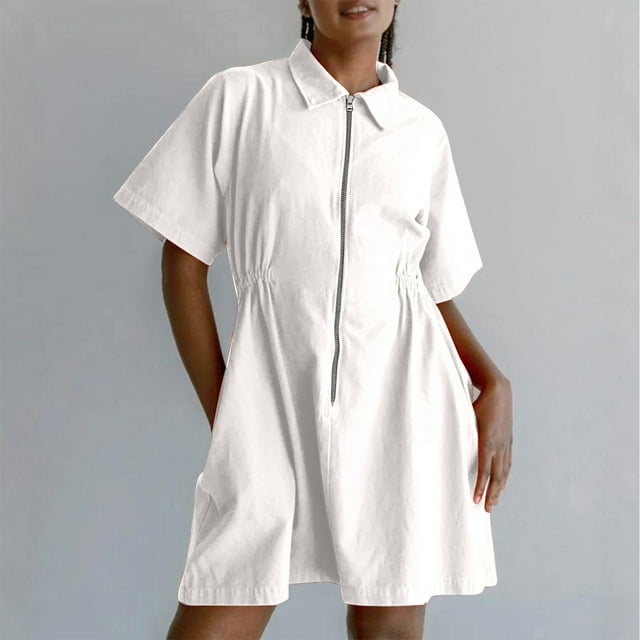 Weiqiqre Robes Décontractées pour Femmes à Fermeture Éclair, Manches Courtes Style Cap, Col en V, Robes Midi Décontractées Fluides avec Poches