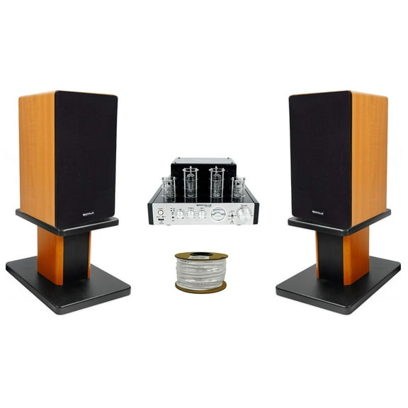 Rockville BluTube Tube Amplifier+6.5" Wood Bookshelf Speakers+8" Wood Stands + Rockville BLUE 14G50 OFC 14 Gauge 50 Foot 100% Copper Speaker Wire