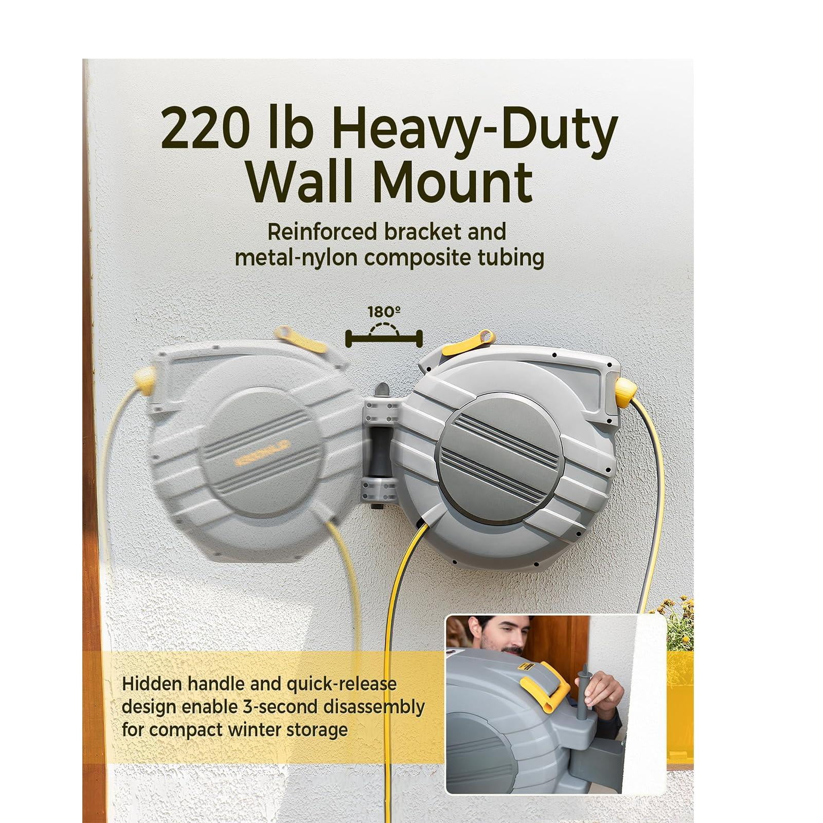 Retractable Garden Hose Reel 5/8 In X 100 Ft Upgraded Uv Resistant Heavy Duty Automatic Wall Mount 3/4 Brass Fitting 9 Pattern Nozzle Any Length Lock Slow Retraction 180° Swivel