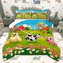 jejeloiu Cute Daisy Farm Animals Full Size Comforter Sets,Kawaii Chicken Cow Pig Bedding Sets For Girls Boys 3pcs