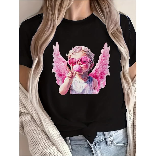 Women's 100% T-Shirt - Casual Crew Neck, Valentine's Day Pink Wings Cupid Angel Blowing Bubbles Print, Short Sleeve Top Tee Tee For Adult, Men, Women, Teen, Teenager, Adolescent, Youth