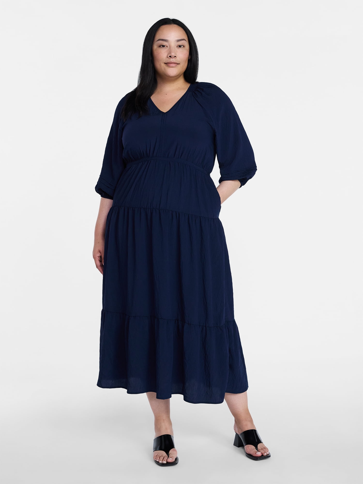 Time and Tru Women's Tiered Maxi Dress with 3/4 Length Sleeves, Sizes XS-XXXL