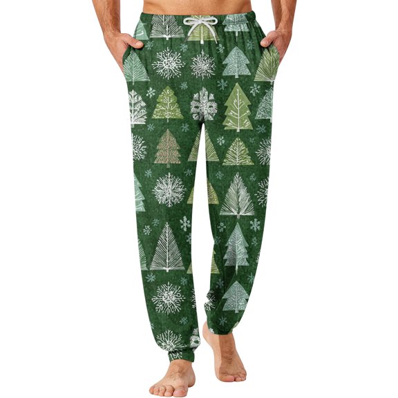 Wutalume Men's Drawstring Pocket Cuffed Casual Pants with Holiday Christmas Print, Warm Home Sleep Pants for Lounge and Leisure Time,Army Green L