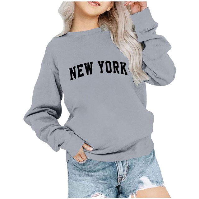 lcziwo Chandails New York pour Adolescentes Col Rond à Lettres Graphique Manches Longues Chandail à Enfiler Grande Taille Hauts Confortables 2024 Automne Hiver Chandail Tendance Gris, 5 Ans