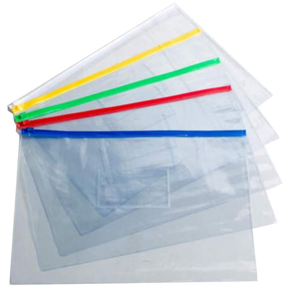 CHILDHOOD 10 Pack Clear Poly Zip Envelope File Folder Document Zipper Bags A4 Size 5 Colors 