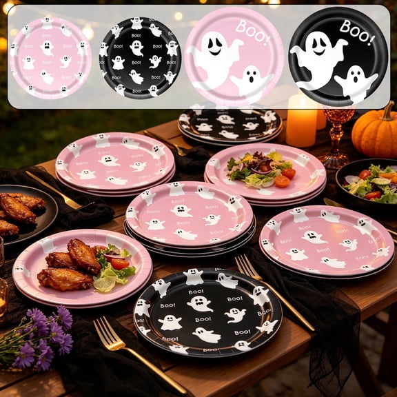 Kdkad 10 Pcs Halloween Paper Plates, Black and Pink Ghost Disposable Plates, Cute Dinnerware Sets for Halloween Decorations, Spooky Birthday and Party Table Decor, 7 In