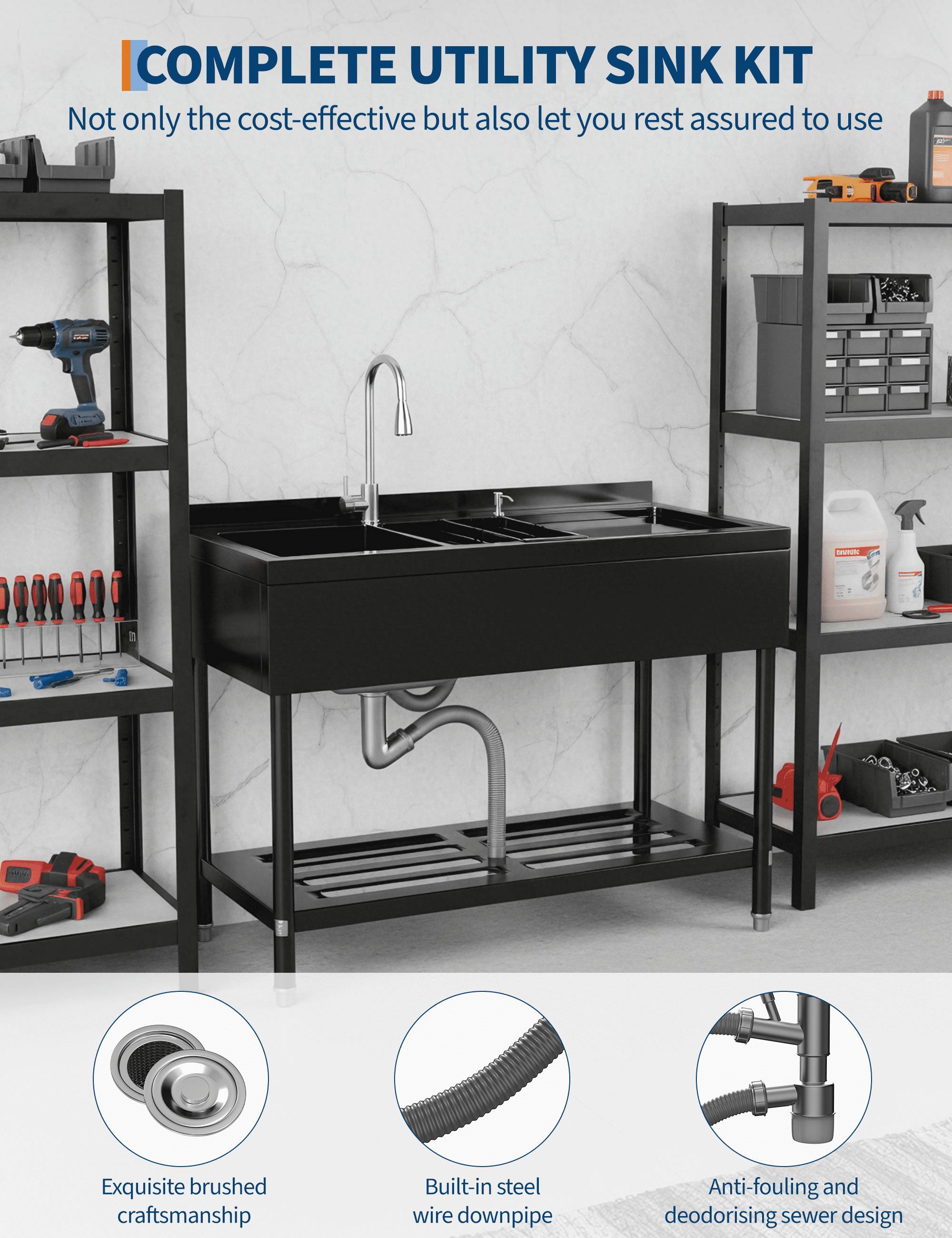 47.5" W x 24" D x 38.9" H Heavy-Duty Freestanding Utility Sink – Stainless Steel Commercial Basin with Pull-Out Faucet