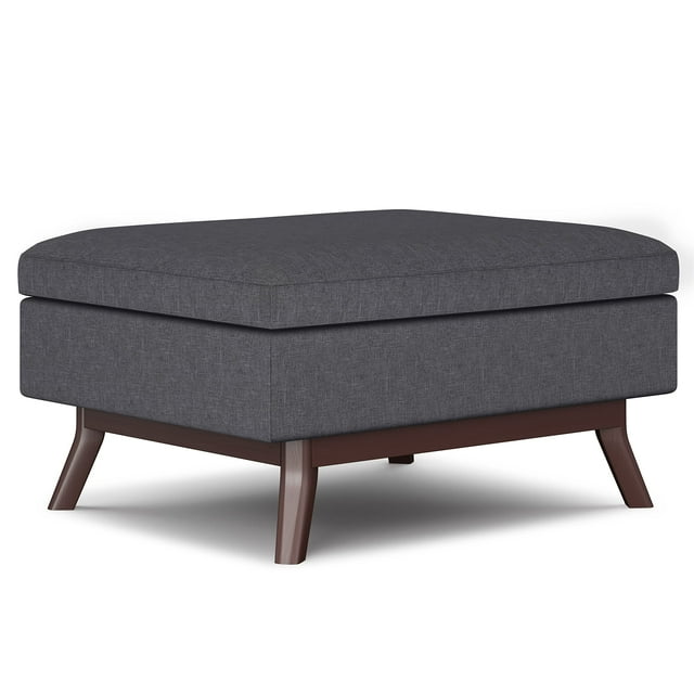 SIMPLIHOME Owen 34 inch Wide Mid Century Modern Rectangle Coffee Table Storage Ottoman in Slate Grey Linen Look Fabric