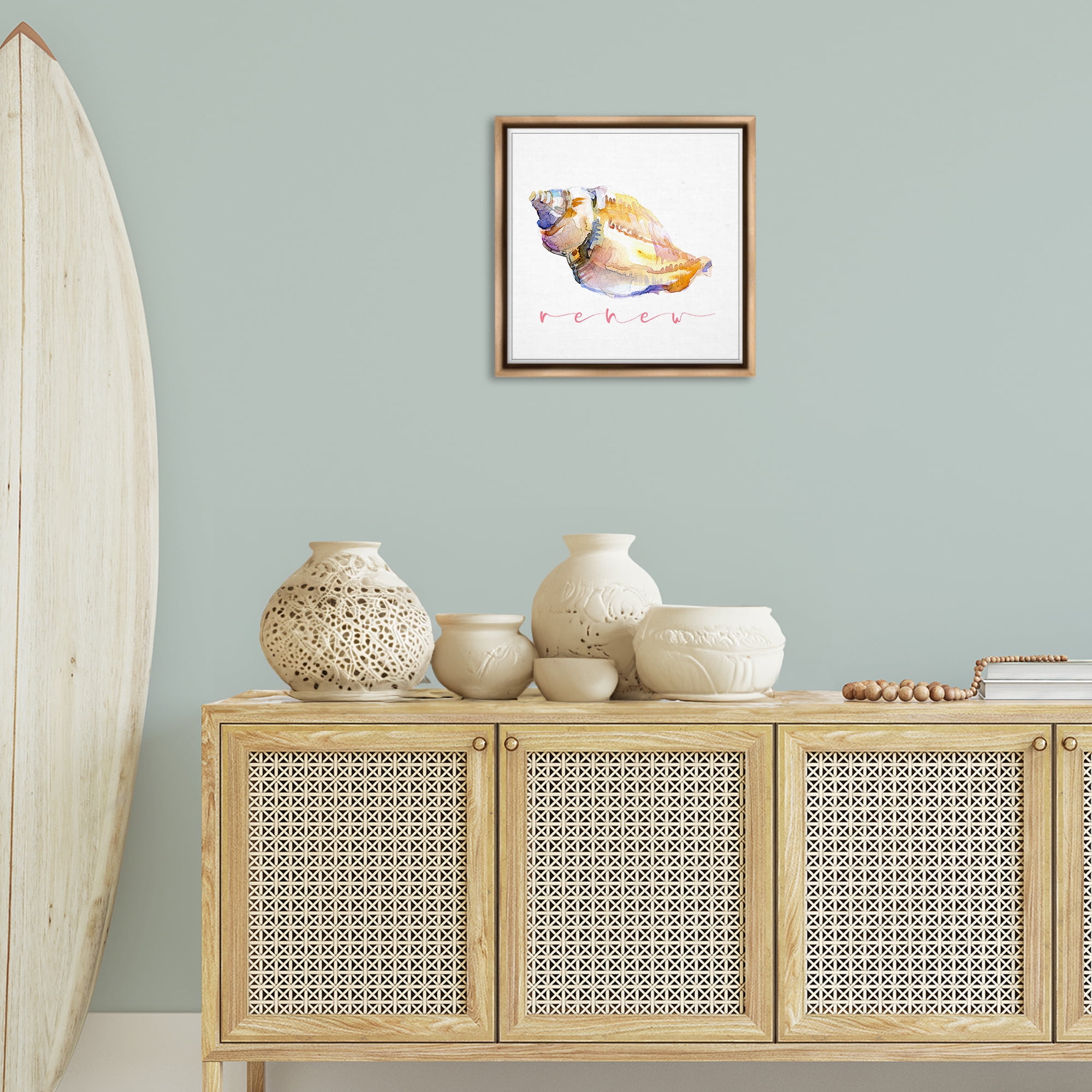 Stupell Industries Conch Shell Renew Nautical & Beach Painting Brown Floater Framed Canvas Art Print Wall Art, 18 x 18