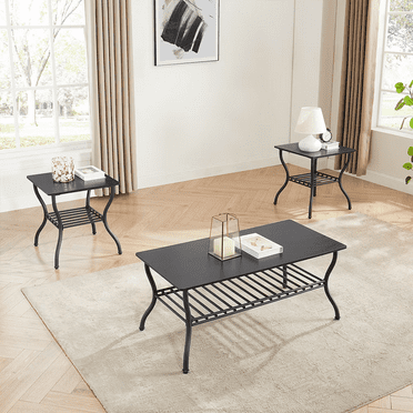 Roninkier 3-Piece Tempered Glass Coffee Table Set with 1 Table & 2 End Side Table for Living Room