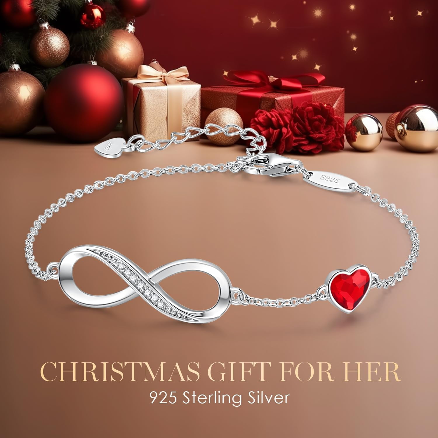 Tilga Infinity Heart Birthstone Charm Link Bracelet for Women 925 Sterling Silver Adjustable Mother's Day Gift Anniversary Birthday Jewelry for Wife Girlfriend Her