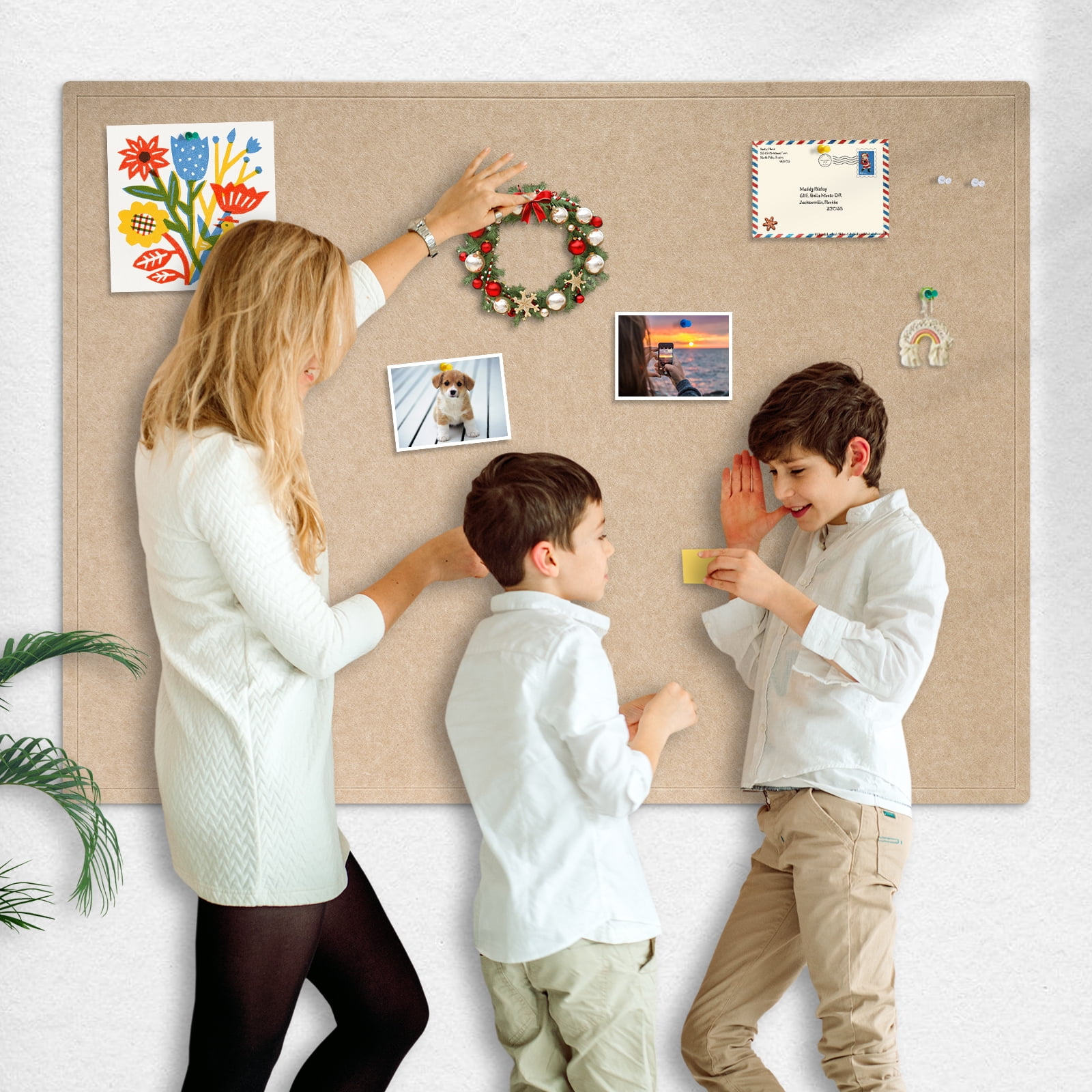 Beige Cork Bulletin Board 48" x 36", Foldable Felt Notice Pin Board for Wall, 4' x 3' Decorative Corkboard Photo Board DIY Vision Board with Self-Adhesive Tape for Office School Home with 20 Pushpins