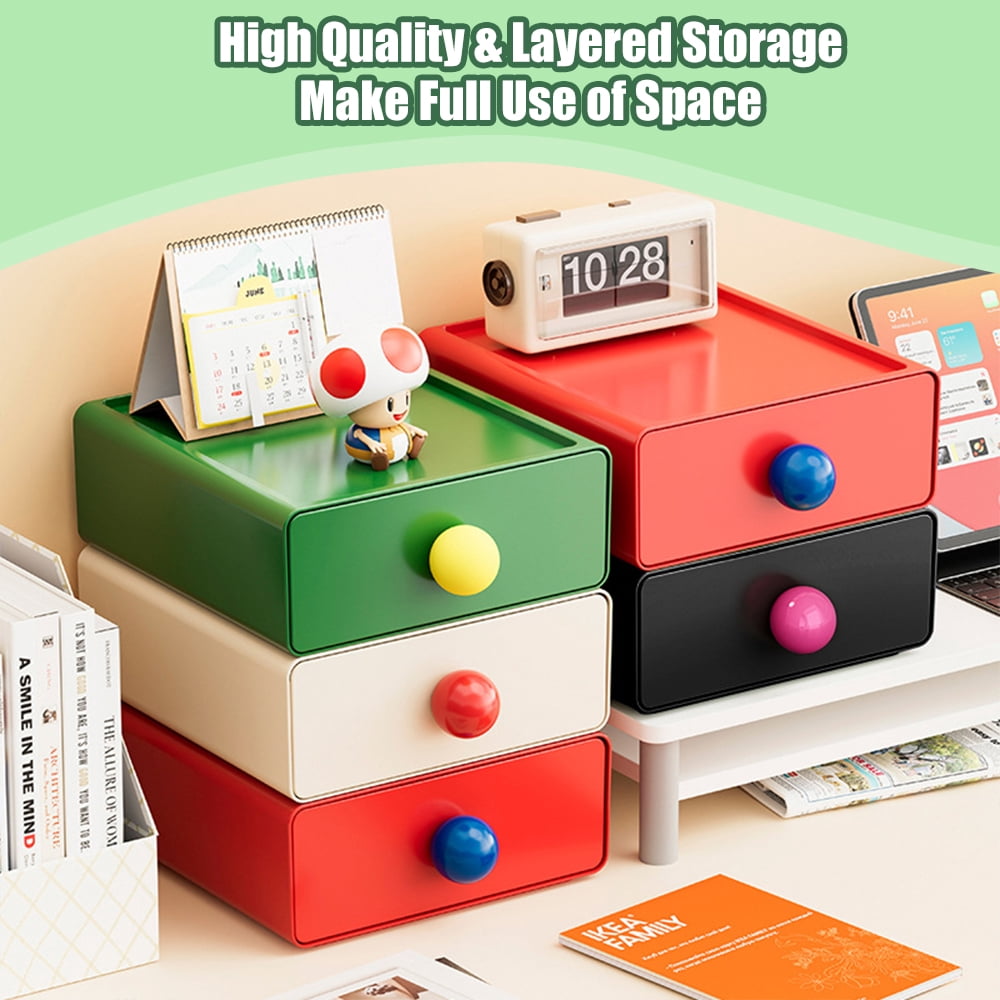 4Pcs Colorful Desk Organizer, Stackable Desktop Storage Box with Drawer, Large Desk Drawer Organizer with Cute Handle, Plastic Makeup Storage Drawer, Desk Organizer and Accessories for Home Office