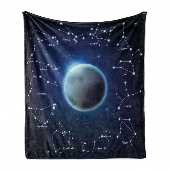 Astronomy Soft Flannel Fleece Throw Blanket, Zodiac Signs and Constellations Around Moon, Cozy Plush for Indoor and Outdoor Use, 60" x 80", Night Blue Dark Grey, by Ambesonne