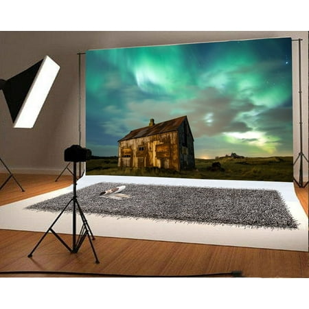 Image of MOHome Aurora Backdrop 7x5ft Photography Backdrop Stars Log Cabin Wilderness Nature Landscape Photos Shooting Video Studio Props
