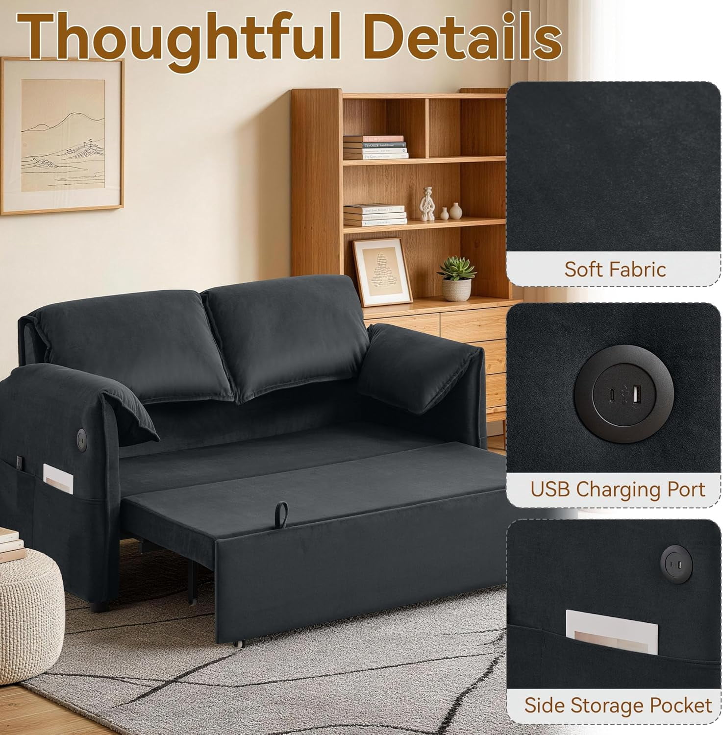 63" Velvet Pull Out Couch, 3-in-1 Convertible Sleeper Sofa Bed with Adjustable Backrest, USB Charging Ports, Side Pockets, Modern Loveseat for Living Room, Bedroom, Apartment, Dark Grey