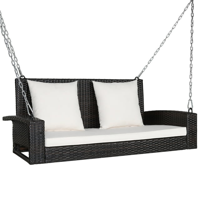 Patiojoy Outdoor Wicker Porch Swing Bench 2-Person Patio Rattan Swing Chair W/ Soft Cushions White