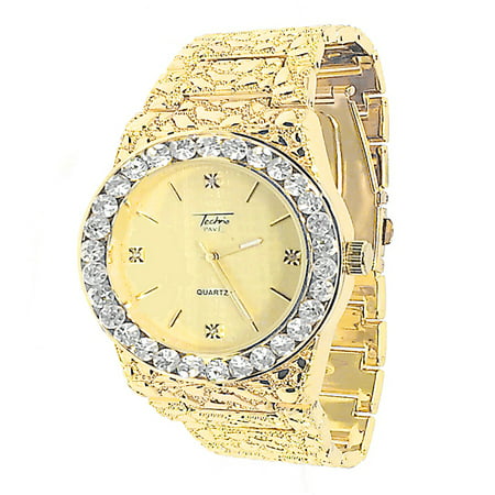 Men's Nugget Dress Style Classic Yellow Gold Tone Techno Pave Metal Wrist (Best Classic Style Watches)