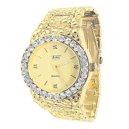 - Men's Nugget Dress Style Classic Yellow Gold Tone Techno Pave Metal Wrist Watch