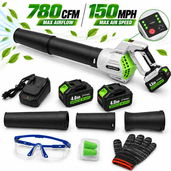 SEEVOLX 21V Cordless Leaf Blower, 780 CFM/150 MPH Handheld Electric Blower, 2 x 4.0Ah Batteries, 4 Variable Speed,for Lawn,Patio, Yard Cleaning