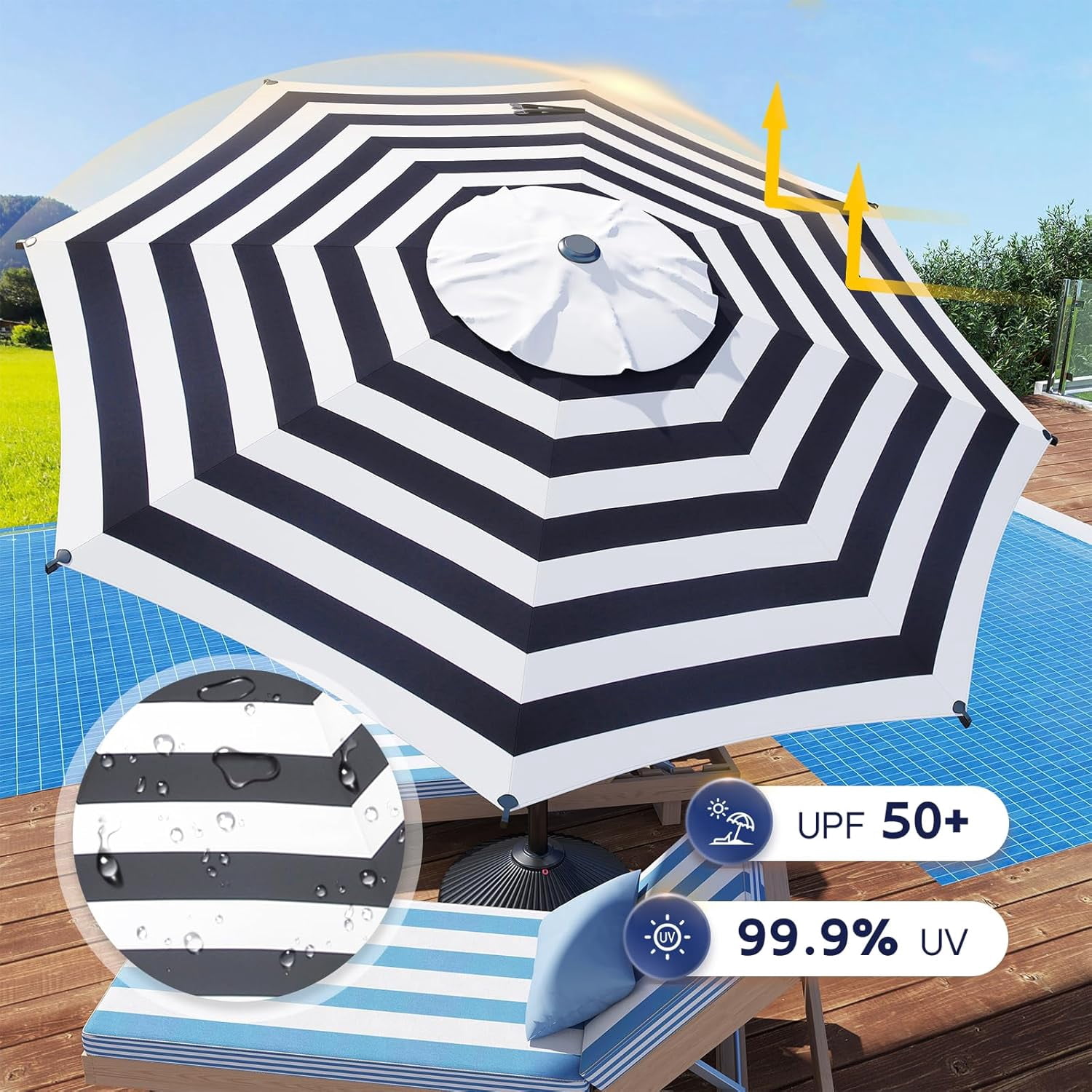 Abba Patio 9ft Outdoor Patio Umbrella w/ Push Button Tilt and Crank, 8 Ribs, Black & White Stripe