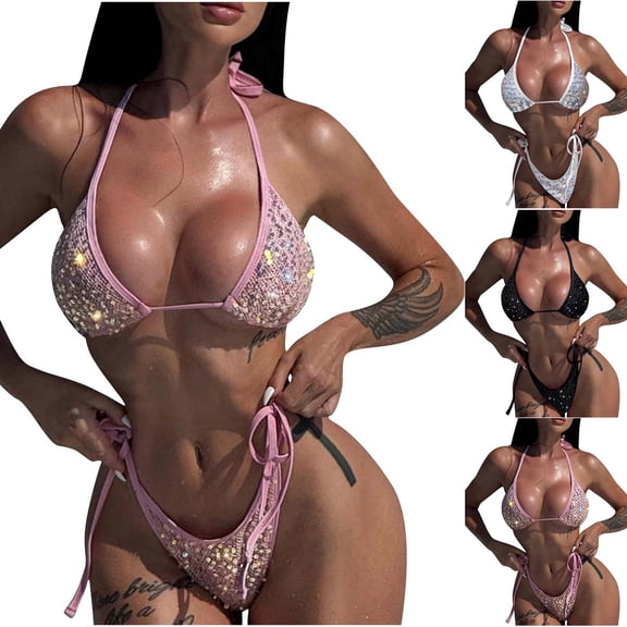 Miluxas Womens Bling Rhinestone Bikini Sets Two Piece Shiny Underwear Bra Halter String Triangle Swimsuits Gems Bathing Suit White S(S)
