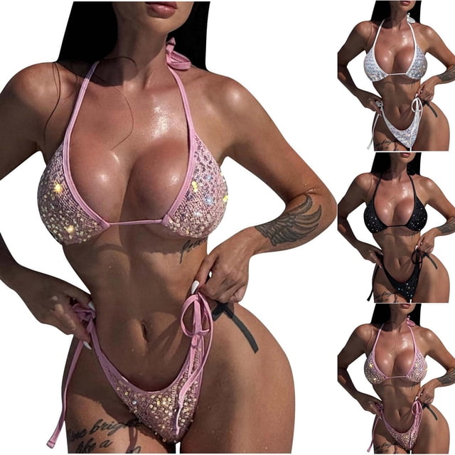 Lovzfmll Women's Trikini Set, Solid Color Halter Top and String Bottoms, Two Piece Bathing Suit for Summer Beach
