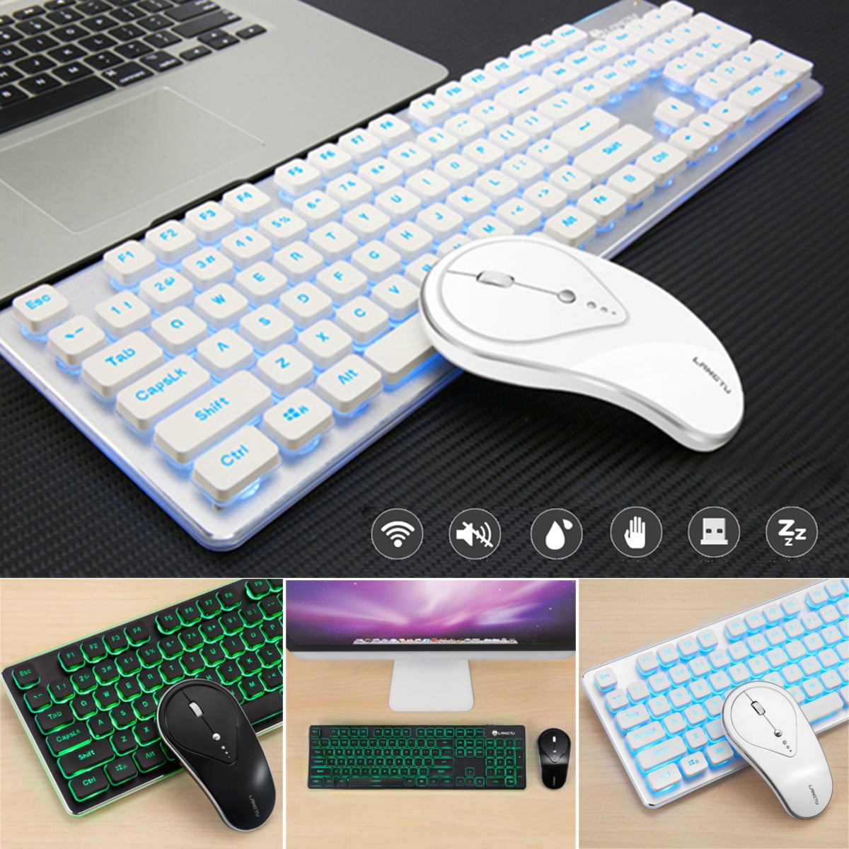 F1 Wireless Keyboard Mouse Suit for Game Home Office Laptop Desktop Ergonomic 2400DPI Waterproof Blue 