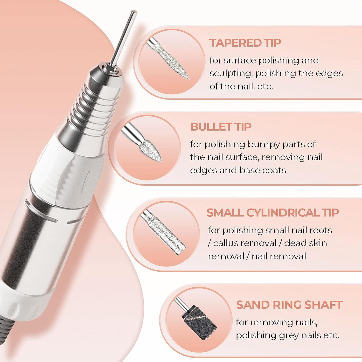 JSDA Nail Cutter for Gel Nails 30,000 rpm, Cutter for Gel Nails Acrylic Nails Including 4 x Bits for Beginners, LED Display Manicure Pedicure Set for Nail Studio