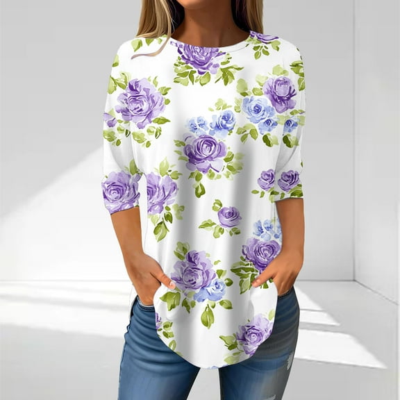 Jsaierl 3/4 Length Sleeve Tops for Women Summer Crew Neck Shirts Cute Print Petite Blouses Going Out Cotton T-shirts Top S-3XL