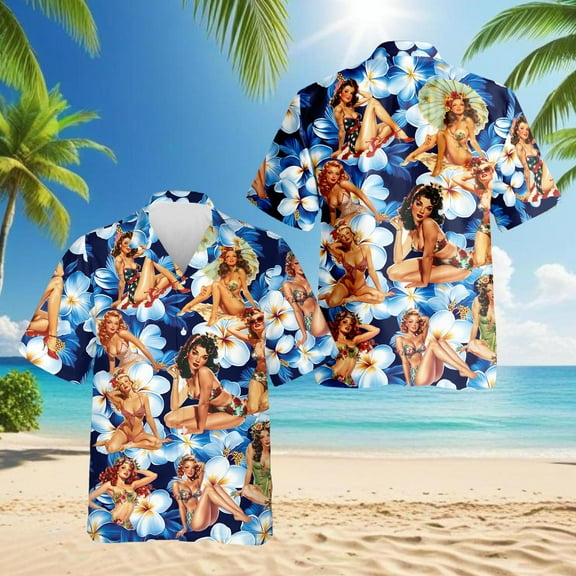 Tropical Pinup Girl Hawaiian Shirt for Men, Button Down Summer Beach Short Sleeve, S-5XL