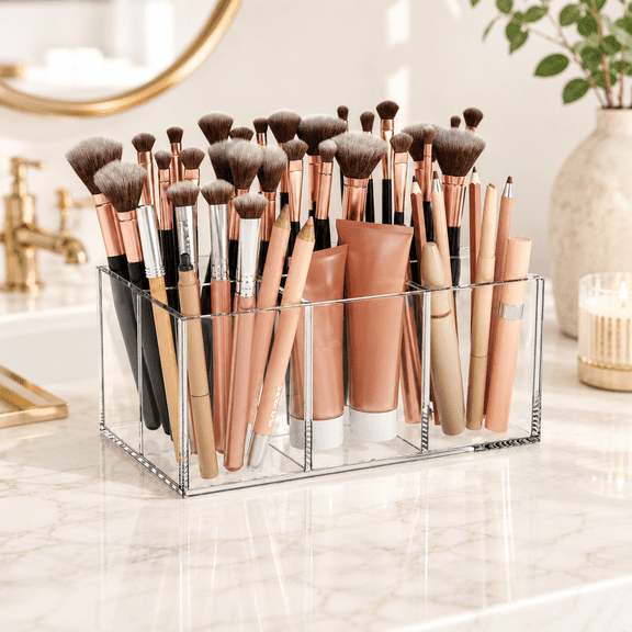 Niubee Acrylic Makeup Brush Organizer with 6 Slots, Clear Nail Brush Holder for Bathroom, Bedroom and Office Desk Accessories
