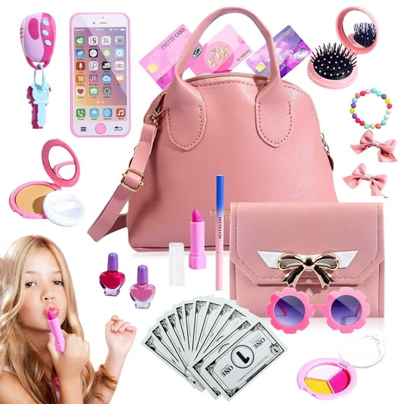Somnr 31-Piece Kids' Play Purse and Makeup Accessories with Musical Phone, Handbag, Credit Cards, and Car Keys，Suitable for children aged 3 