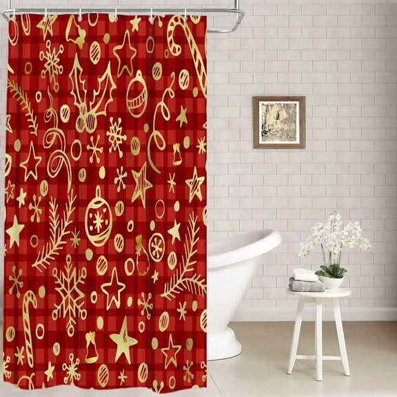Christmas Celebration Decor Shower Curtain,Red Christmas Checkered Bathroom Decor Polyester Fiber Plastic Rings Quick-Drying Waterproof for Bathtubs/Bathroom, 72x36 inches