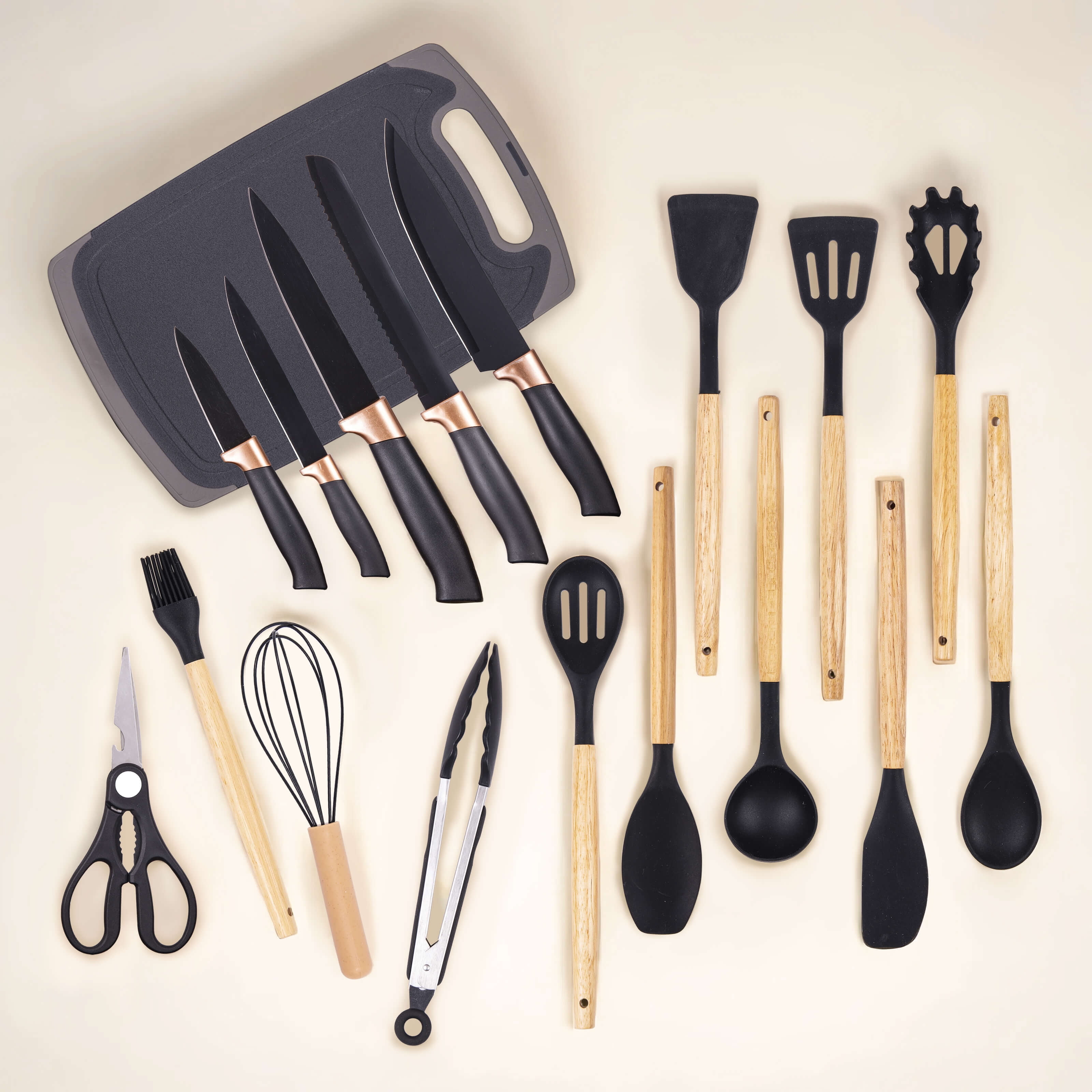 HEESEM 19-Piece Silicone Kitchen Utensil & Knife Set - Heat-Resistant Cooking Tools Non-Stick Safe Gift for Mom or Women Black