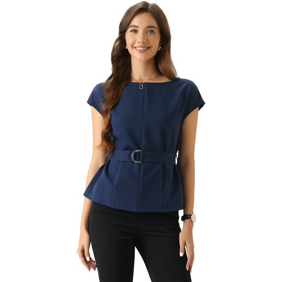 DARING DIVA Women's Cap Sleeve Boat Neck Office Belted Peplum Top XS Dark Blue