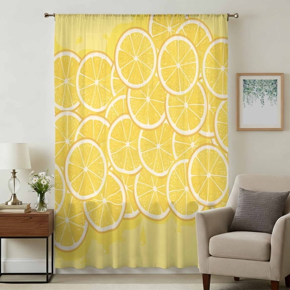 Yellow Lemon Sheer Curtains 63 Inches Long, Summer Botanical Watercolor Modern Art Light Filering Curtains, Breathable Simi Curtain Privacy Drapes for Living Room Bedroom Lightweight Window Treatment