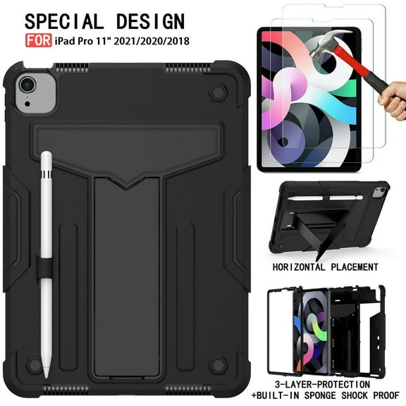 Epicgadget Case for iPad Pro 11-Inch 2021/2020/2018 Model with Tempered Glass - Stand Heavy Duty Shockproof Cover with 2 Pieces Screen Protector Film for iPad Pro 11" 3rd/2nd/1st Gen (Black/Black)