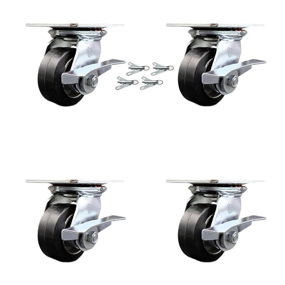 4 Inch Rubber on Aluminum Caster Set with Roller Bearings and Brakes/Swivel Lock