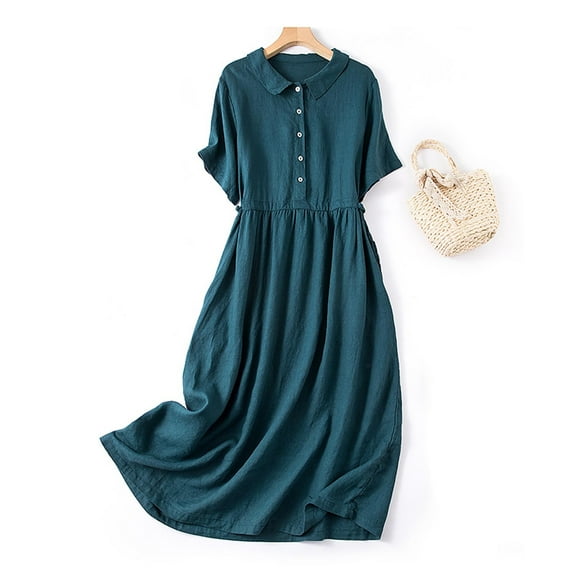 XUNKUSGA Summer Dress for Women Soild Color Vintage Artistic Maxi Dresses Classic Cotton Linen Short Sleeve Shirt Collar Women's Dresses Fashion Button Down Midi Dresses with Pockets M-2XL Blue