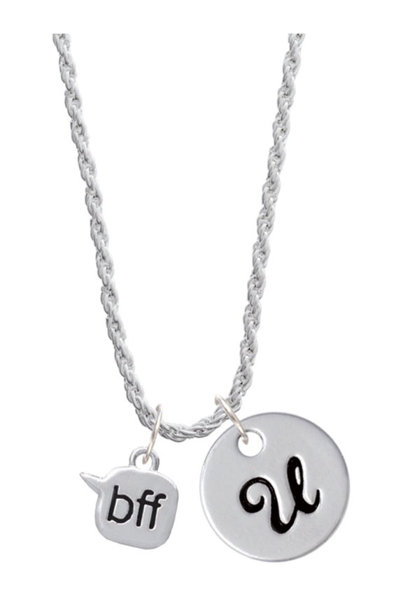 Silvertone Text Chat - bff - Best Friends Forever - Silvertone Script Initial Disc - U - Charm Necklace, 20"+3"