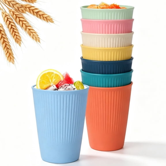 8 Pcs Wheat Straw Drinking Cups, Boriyuan 11 oz Reusable Colorful Plastic Tumblers for Milk Coffee Juice, Portable Water Cups for Parties Picnics Camping