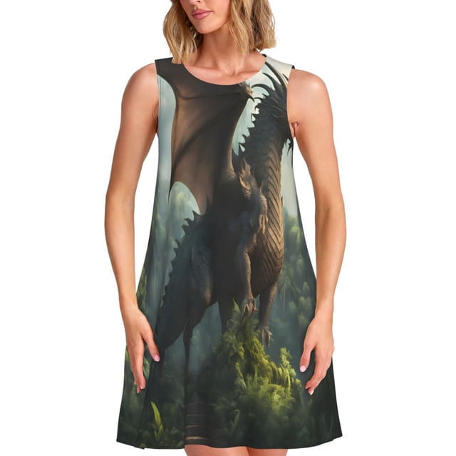 Easygdp Forest Stone-Colored Dragon para Vestido Transpirable de Mujer, Vestido Suelto de Manga Corta con Pliegues y Bolsillos para el Verano