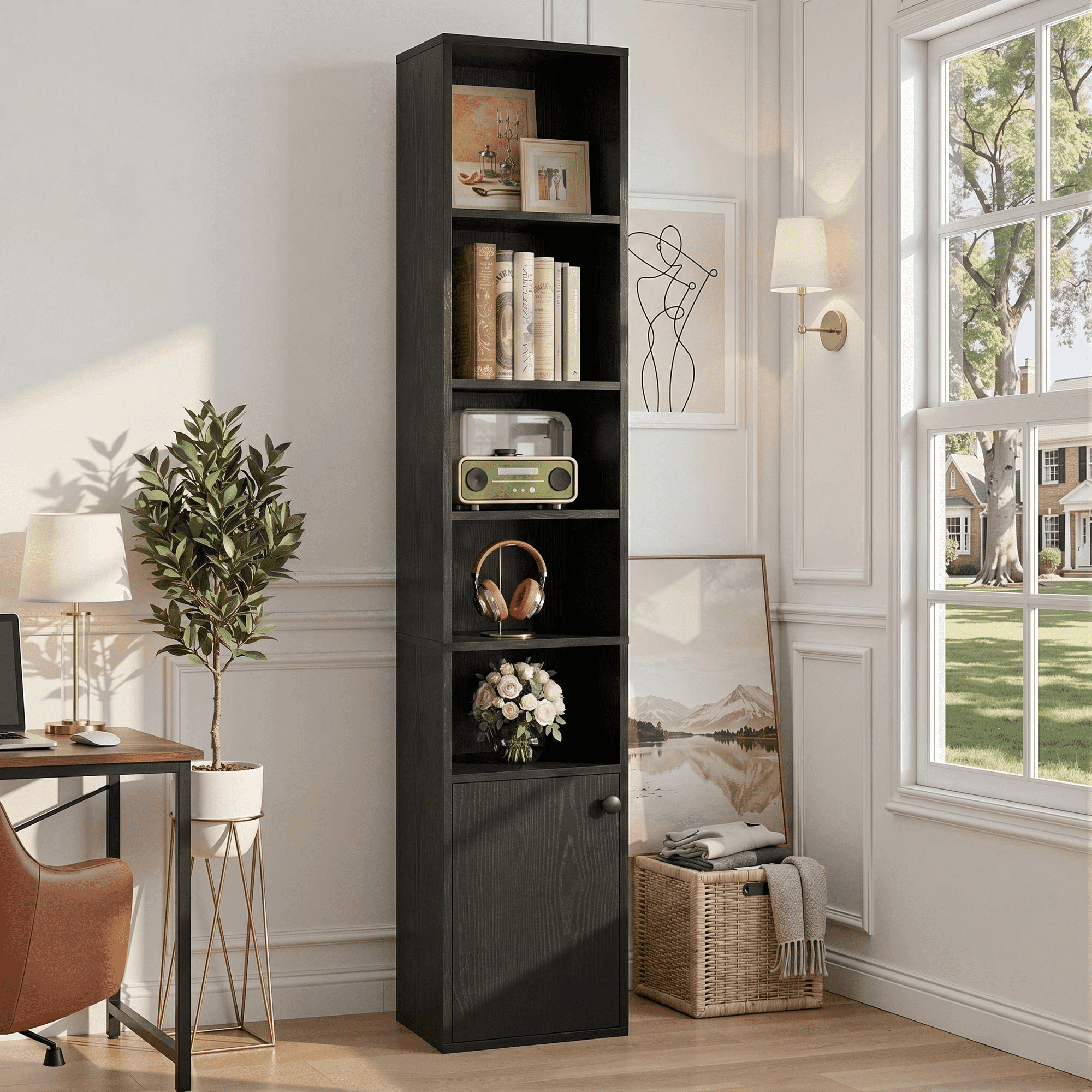 IRONCK 71" Tall Narrow Bookcase with Adjustable Shelves, 5 Tier Cube Bookshelf with 1 Door Storage Cabinet, Black