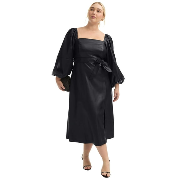 June & Vie Women's Plus Size Sleeve Faux Leather Midi Dress