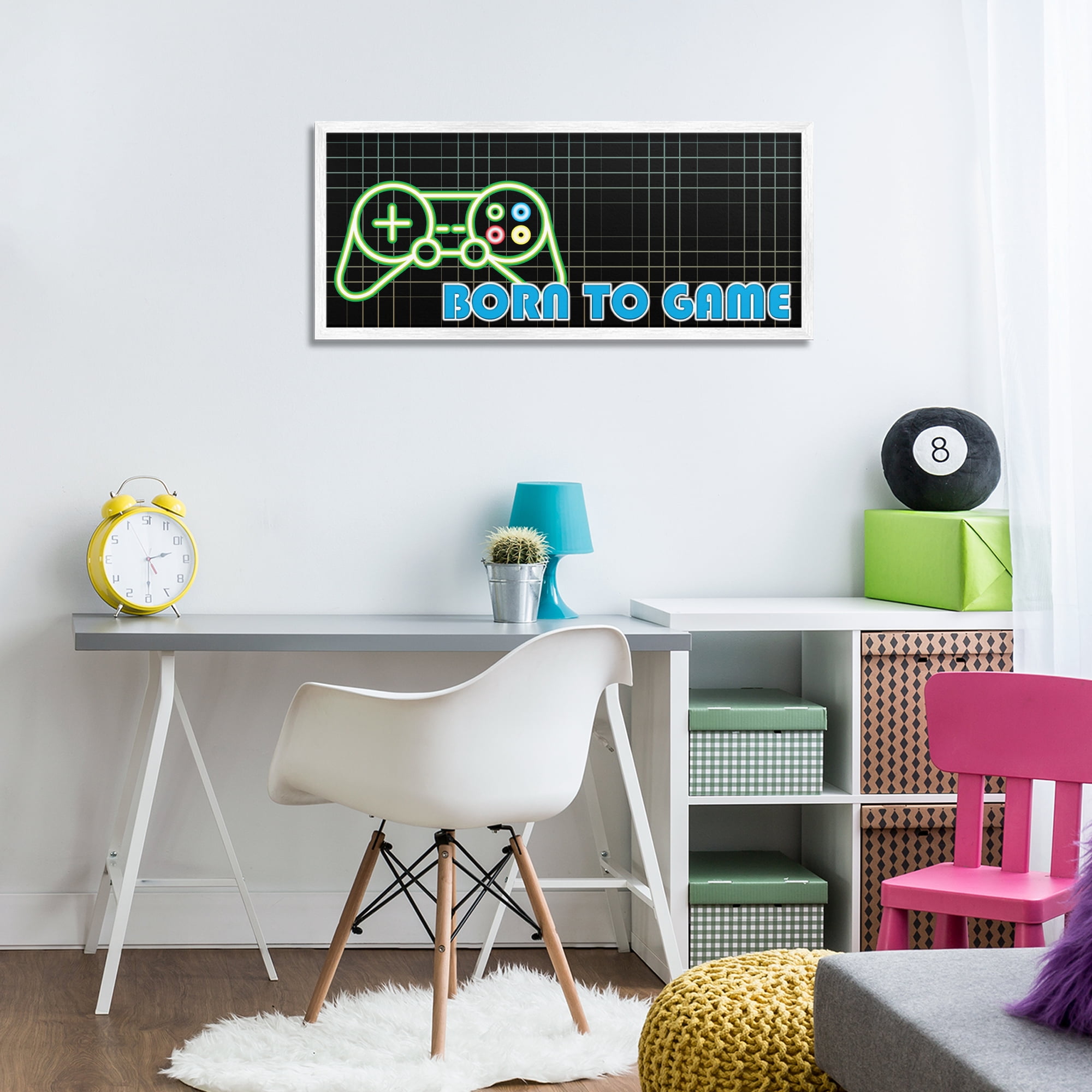 Stupell Industries Born To Game Neon White Framed Giclee Art, design by Kim Allen